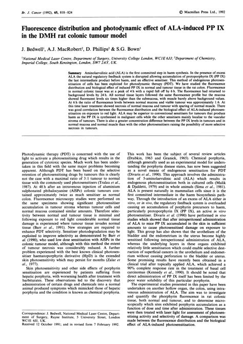 Pdf Fluorescence Distribution And Photodynamic Effect Of Ala Induced