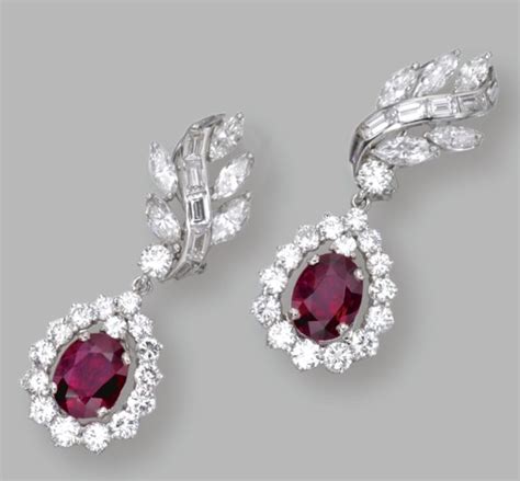 Pair Of Platinum Ruby And Diamond Pendant Earclips Crystal Earrings