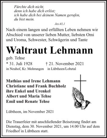 Traueranzeigen Von Waltraut Lehmann Trauer Nordkurier