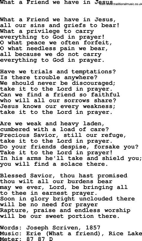 Book Of Common Praise Song What A Friend We Have In Jesus Lyrics