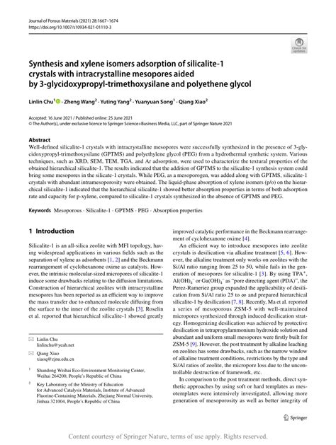 Synthesis And Xylene Isomers Adsorption Of Silicalite 1 Crystals With