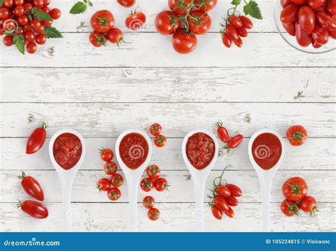 Top View Tomato Sauce Spoon With Tomatoes Isolated On Kitchen White