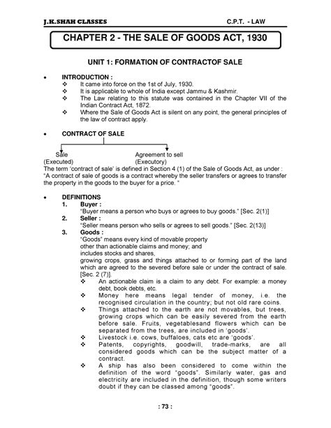 Sale Of Goods Act Notes By JK Shah Classes CHAPTER 2 THE SALE OF