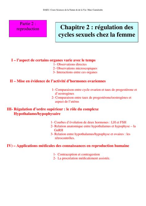 Chapitre 2 Régulation Des Cycles Sexuels Chez La Femme