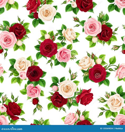 Seamless Pattern With Red Pink And White Roses Vector Illustration