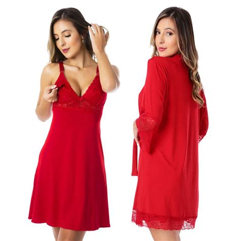 Kit Robe E Camisola Amamenta O De Renda Lingerie Feminina Emp Rio Lingerie Camisola