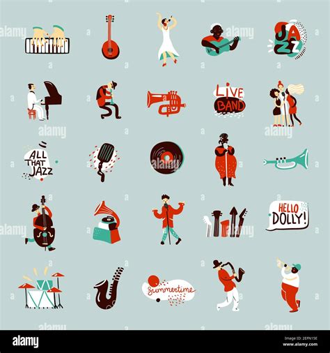 Jazz Musicians And Various Musical Instruments Flat Icons Set Isolated