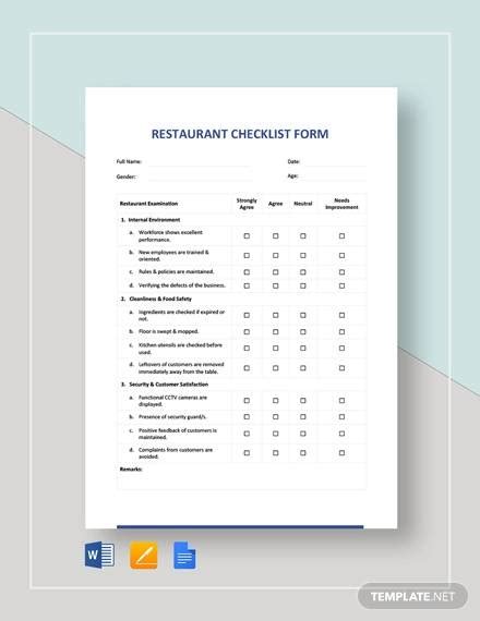 FREE 25 Sample Restaurant Checklist Templates In Excel PDF MS Word