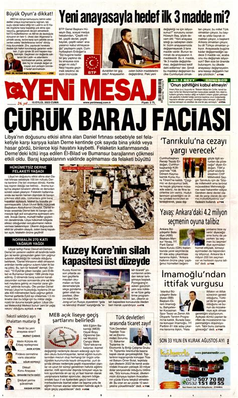 Yeni Mesaj Gazetesi Yeni Mesaj Manşet Oku Haberler 15 Eylül 2023