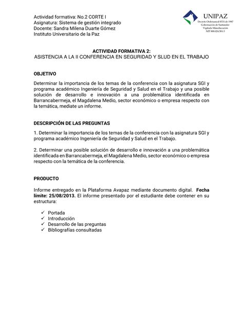 Actividad Formativa 2 Conferencia DE SST Actividad Formativa No 2