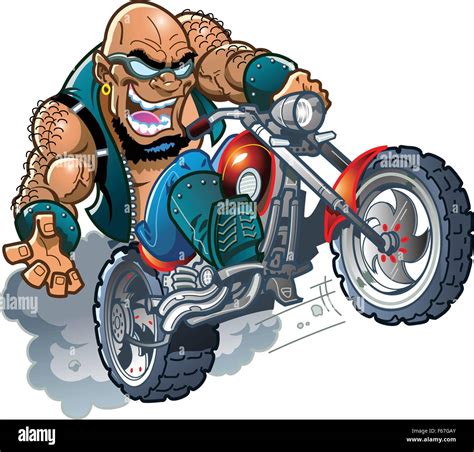 Wild Crazy Bald Smiling Biker Dude With Sunglasses On Motorcycle Stock