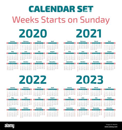 Simple Years Calendar Week Starts On Sunday Stock Vector