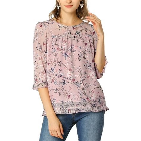 Allegra K Allegra K Womens Floral Print Chiffon Ruffle 3 4 Sleeve