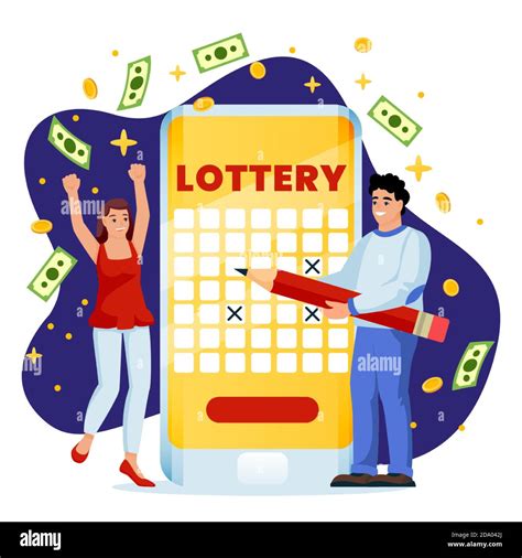 Cheerful couple win money in online lottery. Vector flat cartoon ...