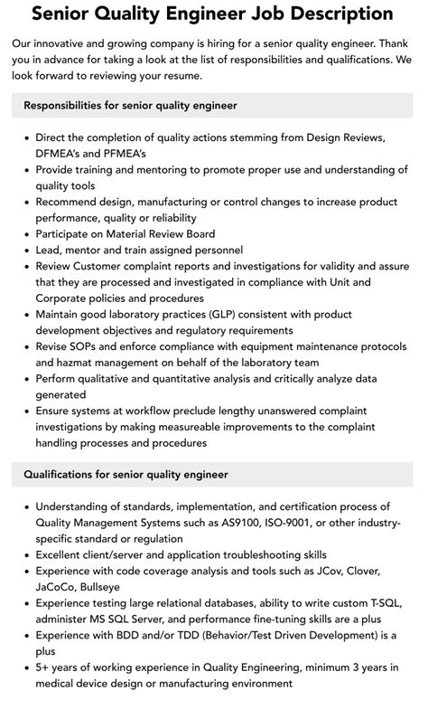 Senior Quality Engineer Job Description Velvet Jobs