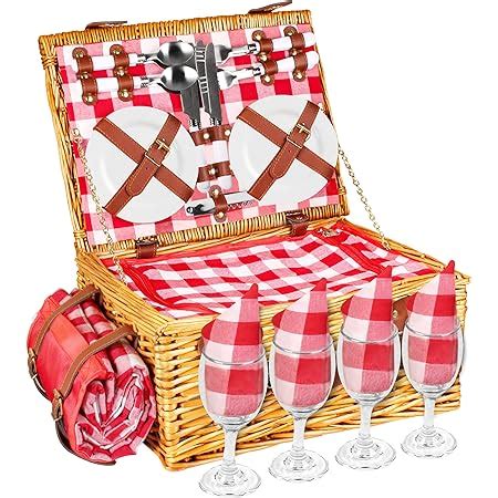 Wicker Picnic Basket Set For 4 Persons Large Willow Hamper With Large