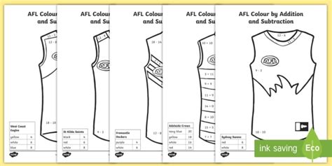 AFL Jerseys Colour by Addition and Subtraction - adding, subtracting