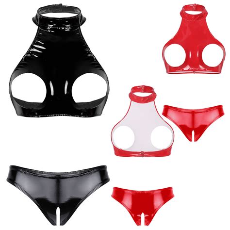 Women Latex Lingerie Sets Underwear Outfits Hollow Out Bra Crop Tops With Briefs EBay