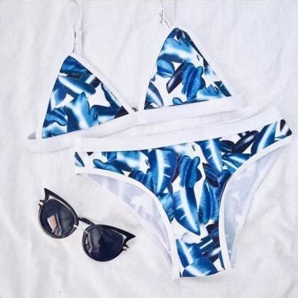 Fashion Women White Edge Green Leaf Print Two Piece Bikini Simple Swimsuit On Luulla