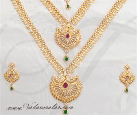 American Diamond With Ruby Emerald Stones Indian Bridal Jewellery Set