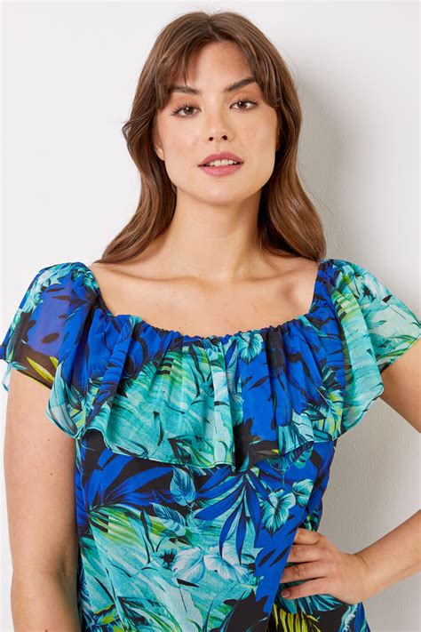 Curve Tropical Print Bardot Top In Blue Roman Originals Uk