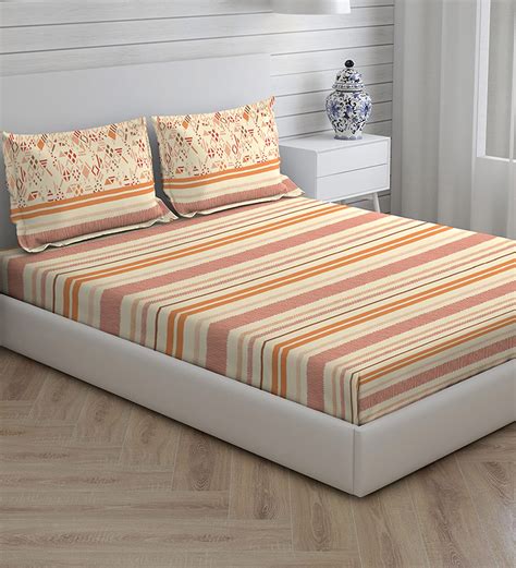 Buy Orange Striped Tc Cotton Queen Sized Bed Sheets With Pillow