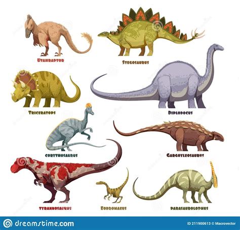 Dinosaurs Cartoon Set With Names Stock Vector Illustration Of