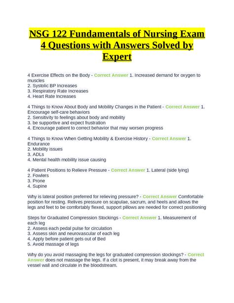 NSG 122 Fundamentals Of Nursing Exam 4 Questions With Answers Solved By