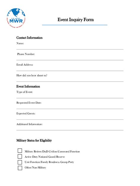 Fillable Online Event Inquiry Form Us Army Mwr Fax Email Print