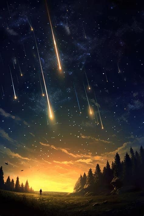 Shooting Stars Over Forest Night Sky Art