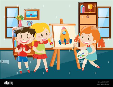 Children drawing on canvas in classroom illustration Stock Vector Image ...