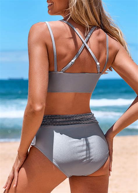 Patchwork Criss Cross Grey Bikini Top Rosewe USD 27 98