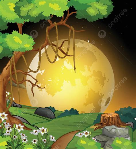 Cartoon Depiction Of A Grassy Field At Night With A Full Moon Trees And ...