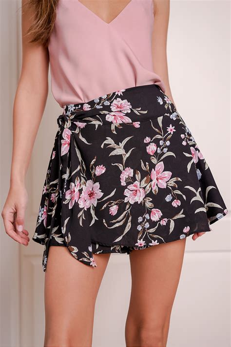 Black Skort Floral Print Skort Faux Wrap Skort Mini Skort Lulus