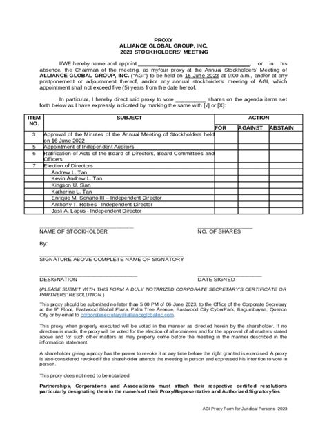 Agi Proxy For Asm Corporate Stockholders Or Doc Template