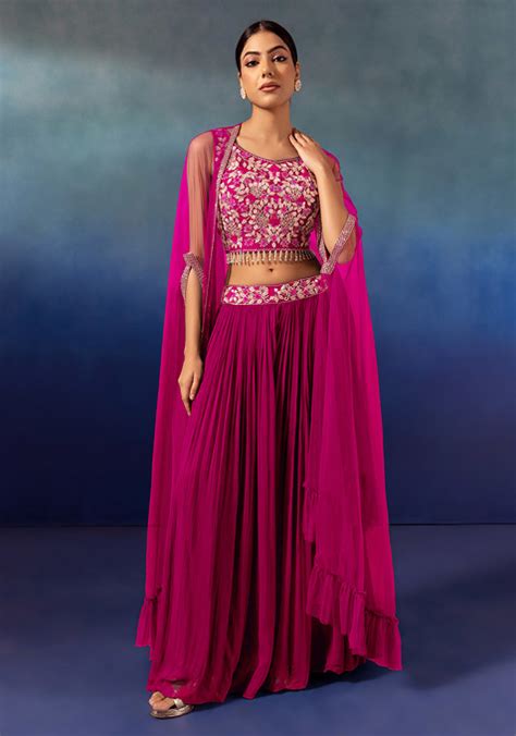 Buy Women Hot Pink Lehenga Set With Floral Embellished Blouse And Mesh