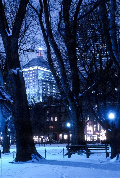 Winter S Night In Boston Public Garden During Snow Storm On Film By