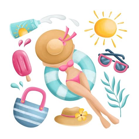 Conjunto de ilustraciones de acuarela de Niña lleva bikini y elementos de verano Vector Premium
