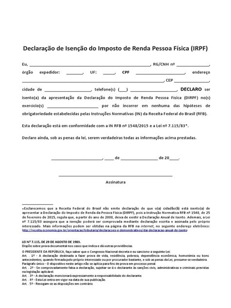 Declaração De Isento Do Imposto De Renda Pessoa Física Pdf Estatuto