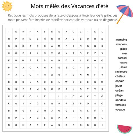 Mots croisés des vacances d été avec des mots du champ lexical de lété