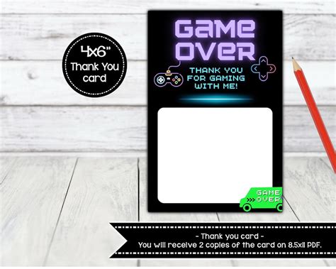 Game Over Thank You Card For A Game Truck Party Neon Glow Etsy