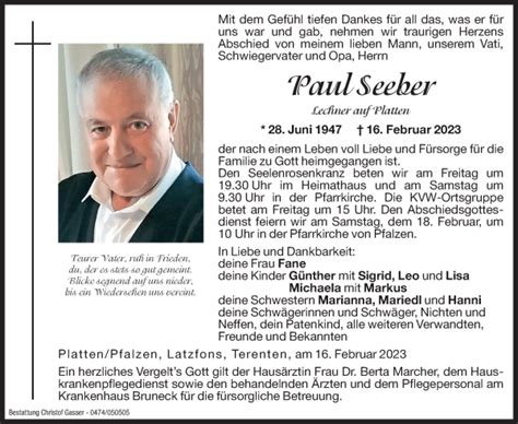 Traueranzeigen Von Paul Seeber Trauer Bz