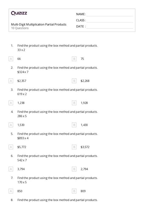 50 Multiplication And Partial Products Worksheets On Quizizz Free And Printable