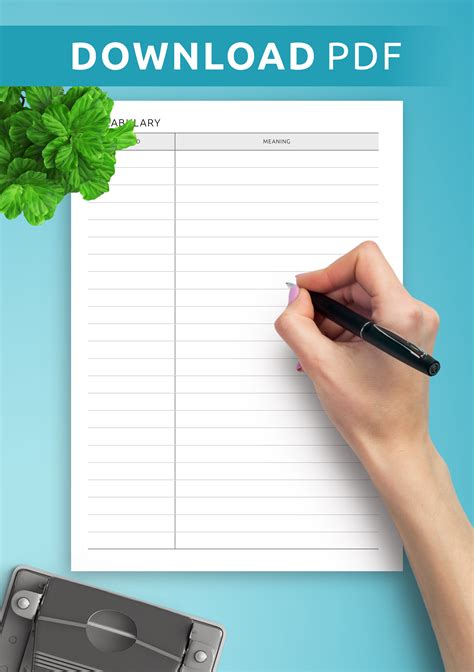 Download Printable Vocabulary & Definitions Template PDF 