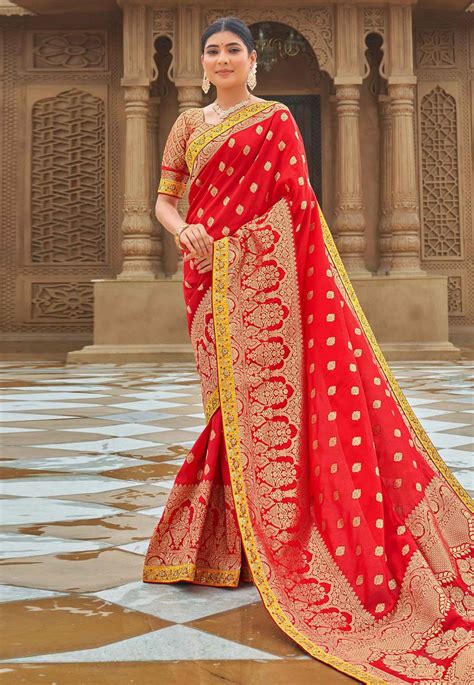 Banarasi Silk Saree With Blouse In Red Colour