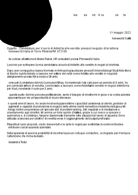 Esempi Di Lettere Di Presentazione Per Cv