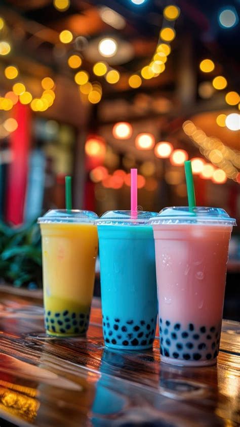 Refreshing Bubble Tea Trio Three Colorful Bubble Tea Drinks Featuring Delightful Tapioca Pearls