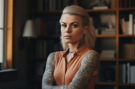 Premium Photo A Tattooed Woman With Blonde Short Haircut Standing In The Office Generative Ai
