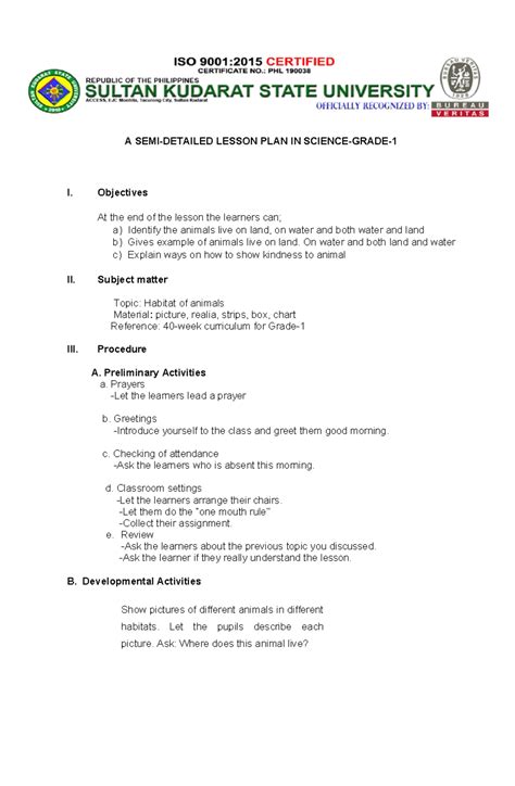 Semi Detailed Lessonplan 4as A Semi Detailed Lesson Plan In Science Grade 1 I Objectives At