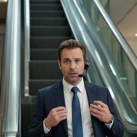 Man In A Suit Is On An Escalator With A Cell Phone Premium AI